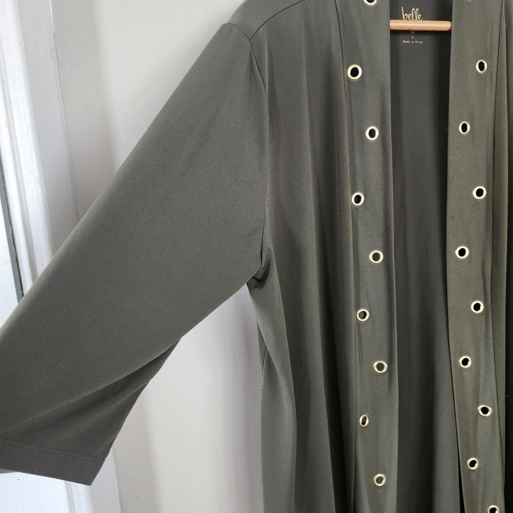 Belle Kim Gravel Womens Large Olive Green Gold Grommet Accent Open Cardigan Top - Picture 3 of 7